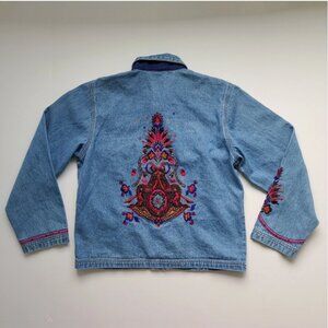 Chico's Women's Embroidered Denim Jean Jacket 0 / Sm Vintage Boho Hippie Blue